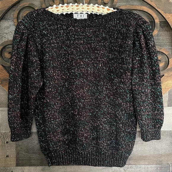 90s Sweater Crop Black Pastel Specks Puff 3/4 Sleeves Whimsy Fairy Goth - Picture 9 of 16